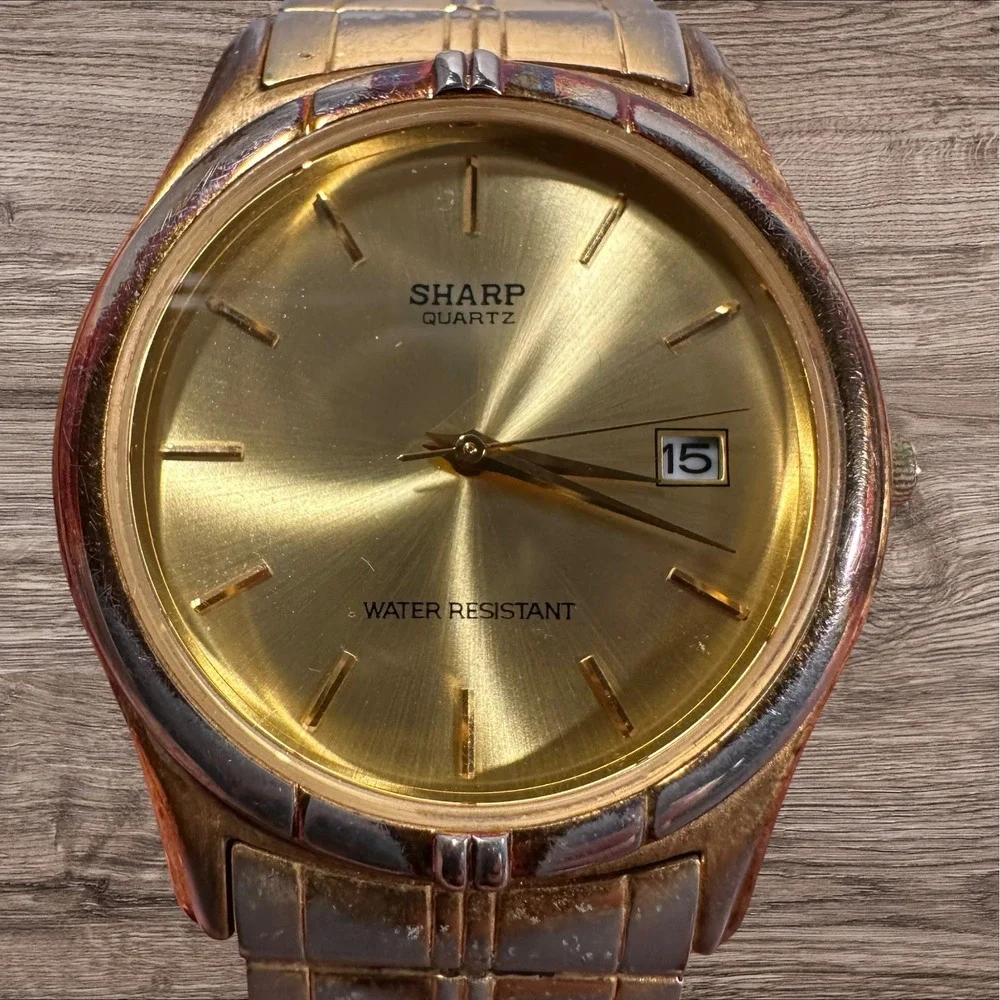 Mens Sharp Quartz Watch Gold‎ Tone Date Japan 246253 377 Stretch Band
